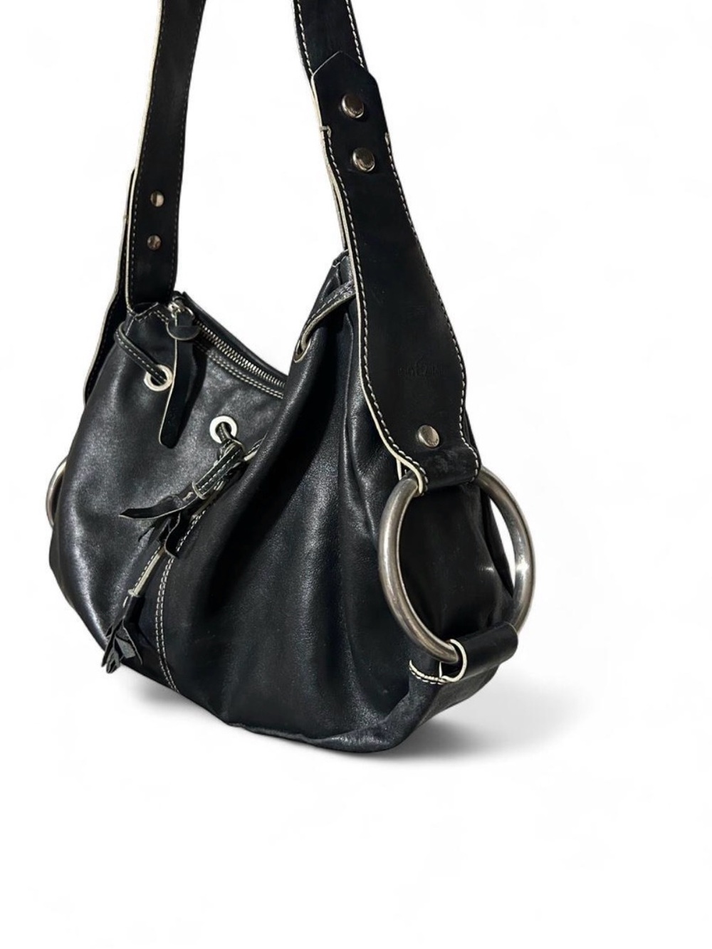 Black Hogan Leather Ring-Accent Shoulder Bag